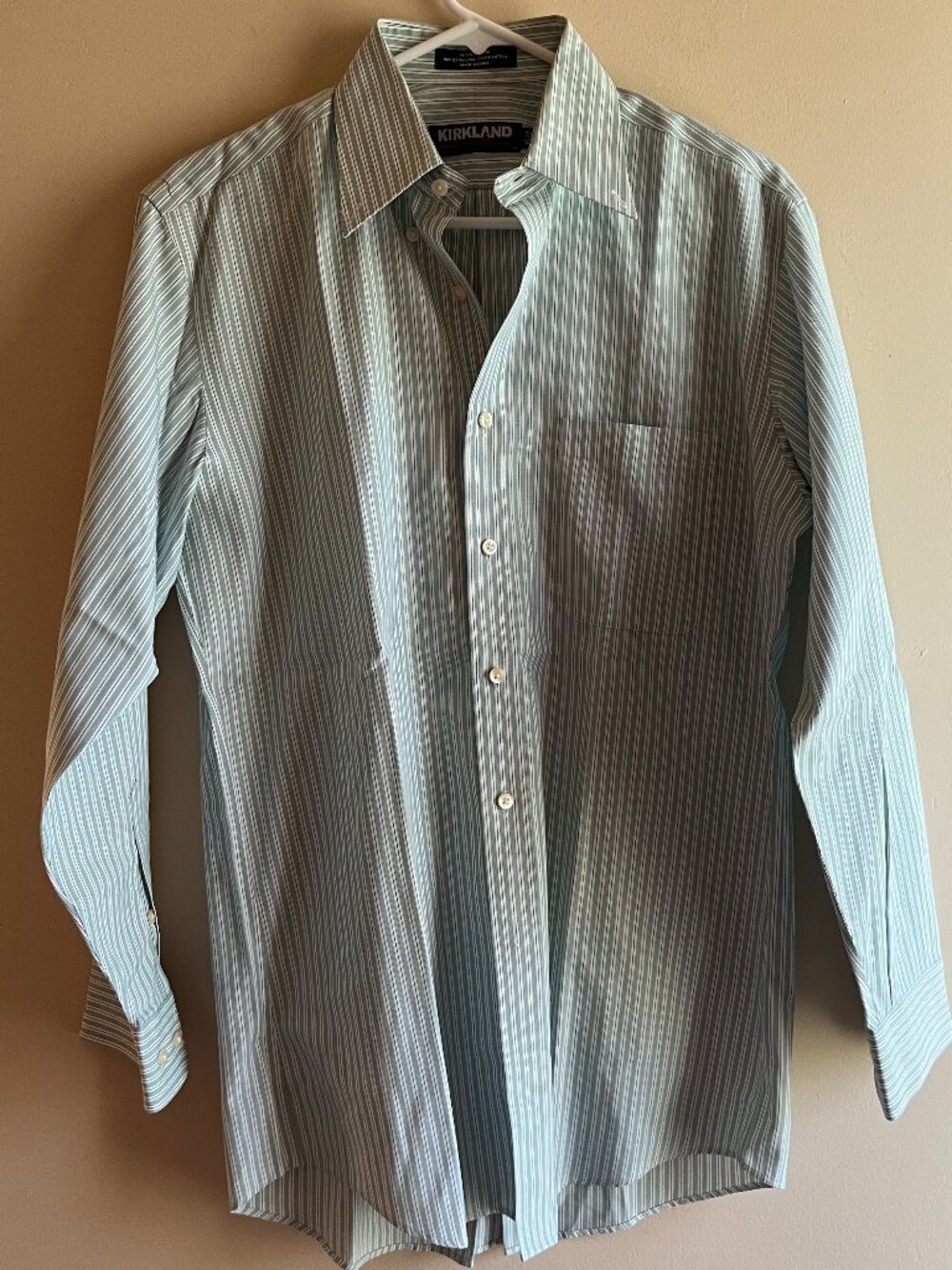 Kirkland Costco Green white stripes dress shirt preppy workwear golf masters